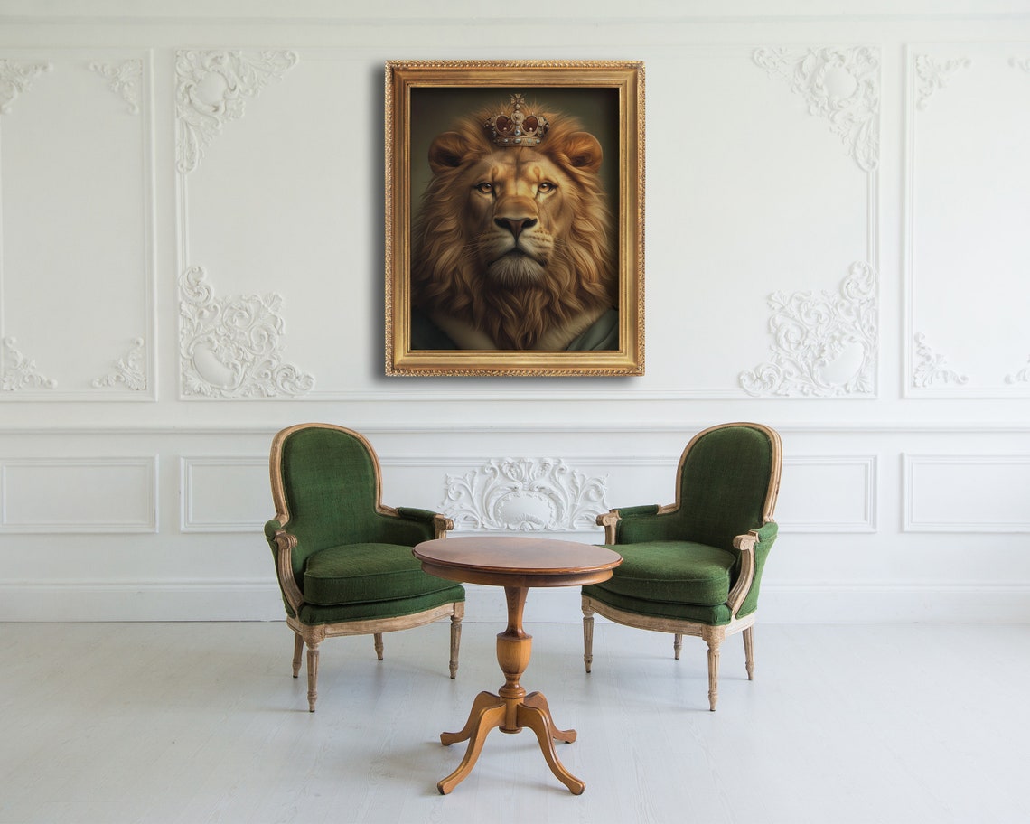 Royal Lion Portrait With Crown Regal Golden Mane Oil Painting Poster - Image 4
