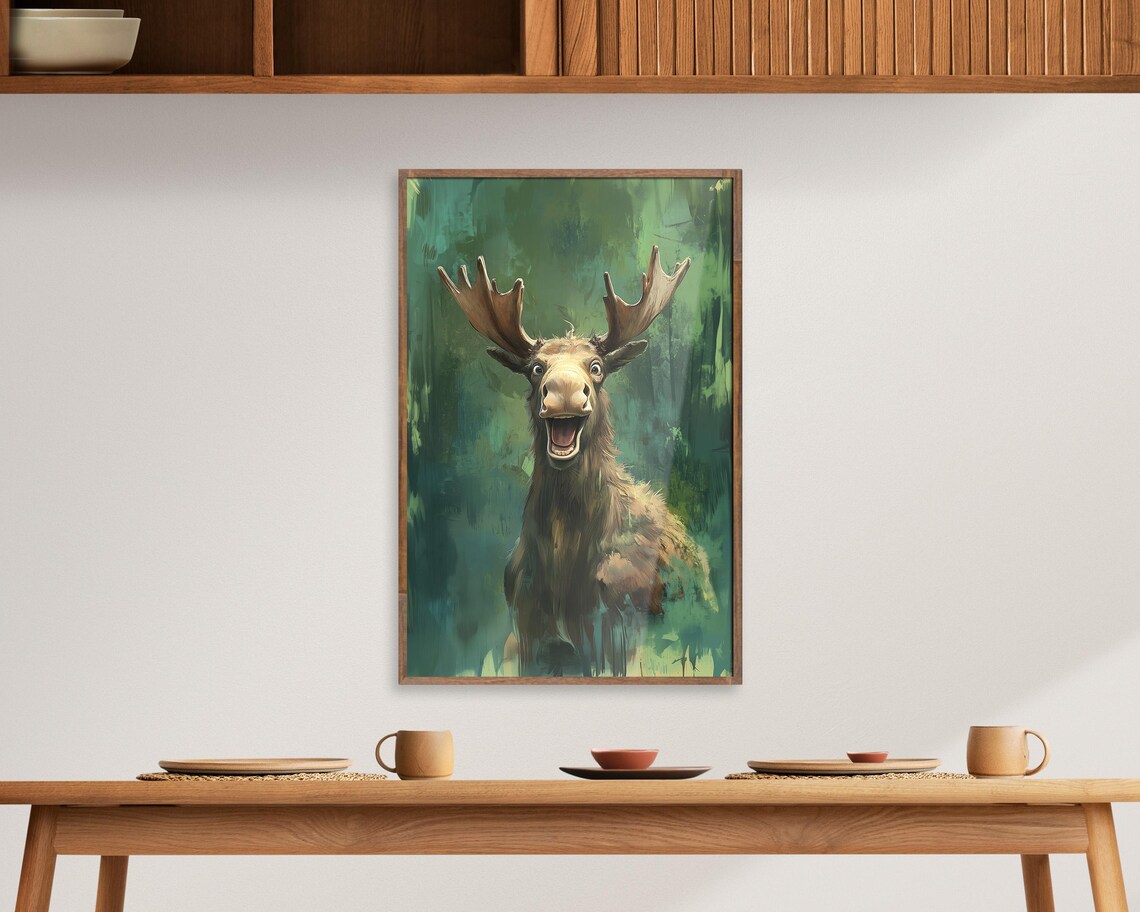 Laughing Moose Happy Wild Forest Animal Painting Green Canvas Poster - Image 7