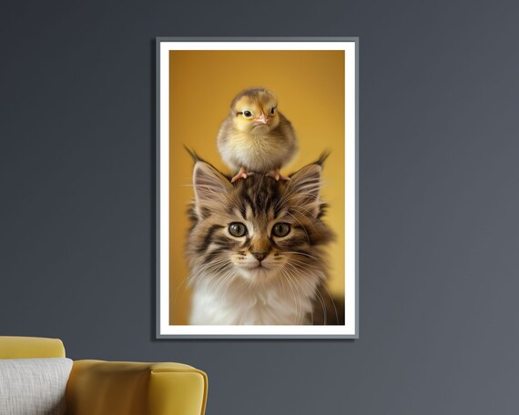 Adorable Kitten With Baby Chick On Head Cute Animal Wall Art Print