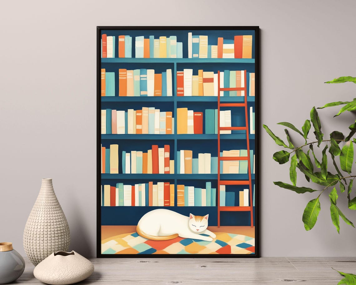 Sleeping Cat In Front Of Colorful Bookshelf Cozy Library Art Poster - Image 3