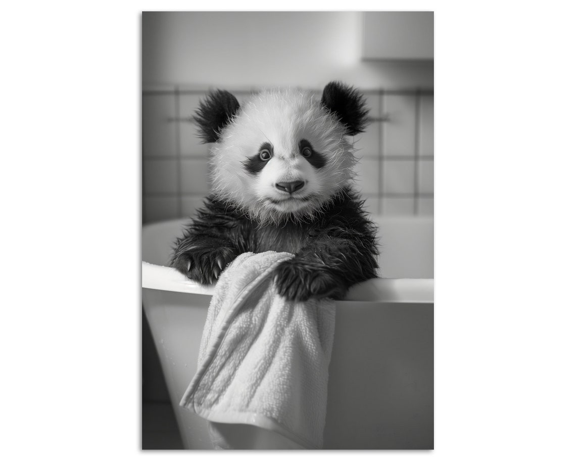 Panda Cub Bath Time Black and White Photo Nursery Bathroom Poster - Image 5