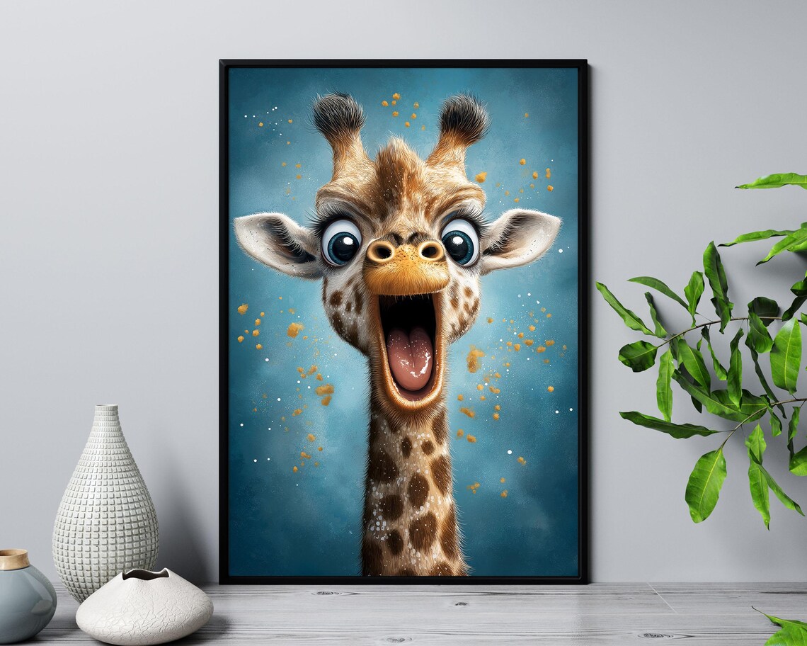 Funny Baby Giraffe Cartoon Big Eyes Blue Nursery Kids Room Art Poster - Image 4