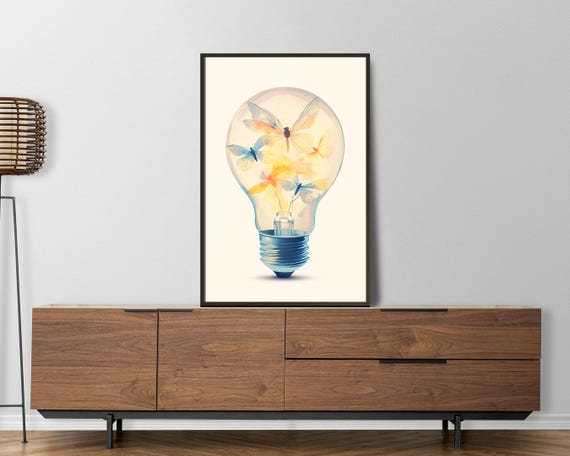 Firefly Wall Art Light Bulb Art Print Surreal Nature Inspired Decor Whimsical Butterfly Poster Dreamy Contemporary Wall Art