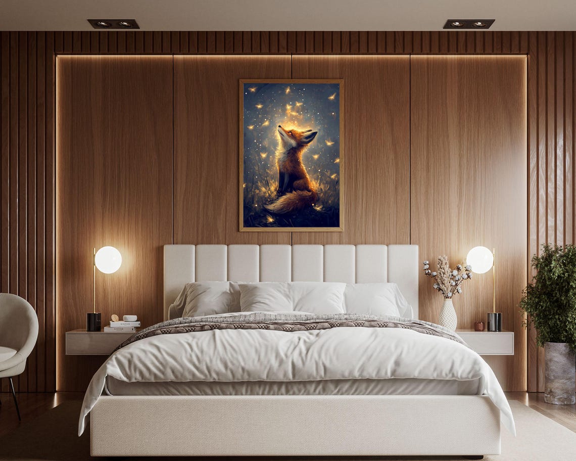 Red Fox Watching Glowing Fireflies Magical Night Forest Wall Art - Image 6