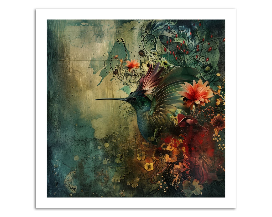 Bohemian Hummingbird Among Flowers Painterly Bird Wall Art Print - Image 4