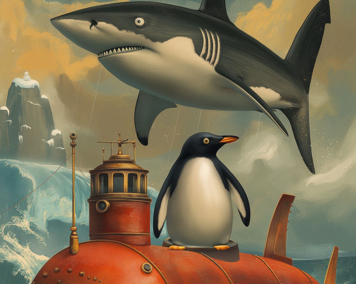 Outsmart Nature Penguin Shark Submarine Whimsical Ocean Art Poster - Image 3