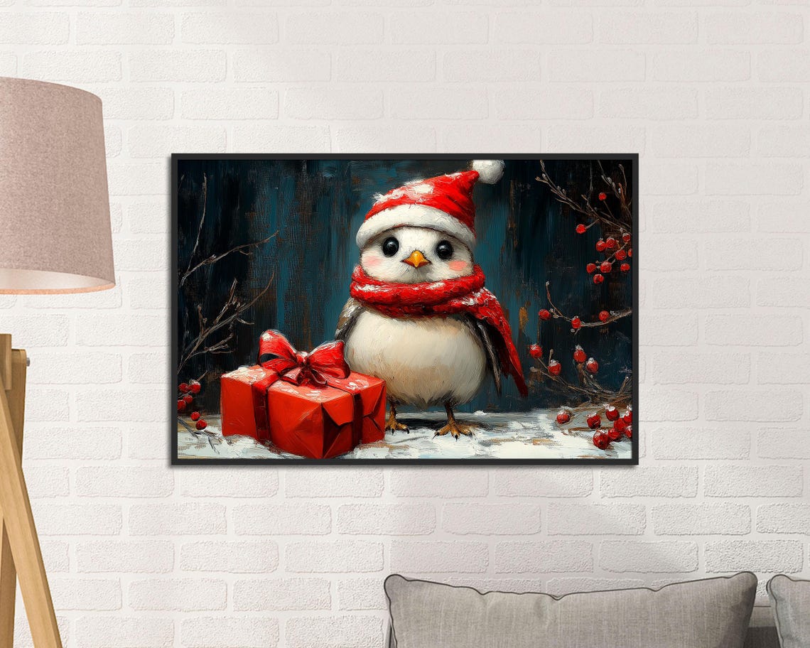White Winter Bird With Santa Hat Gift Box Snowy Holiday Poster - Image 2