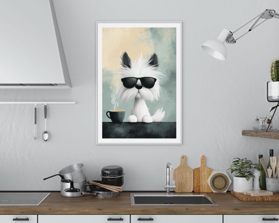 Cool White Terrier With Sunglasses And Coffee Cup Funny Dog Poster