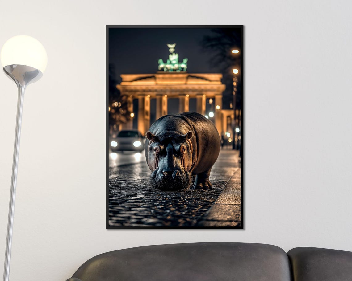 Hippo on Cobblestone Street Berlin Night Brandenburg Gate Wall Art - Image 4