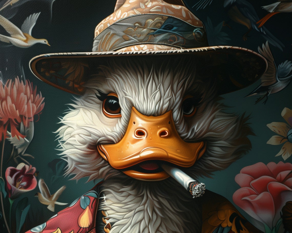 Dapper Duck In Floral Suit Fedora Gold Chains Funny Bird Wall Art - Image 5