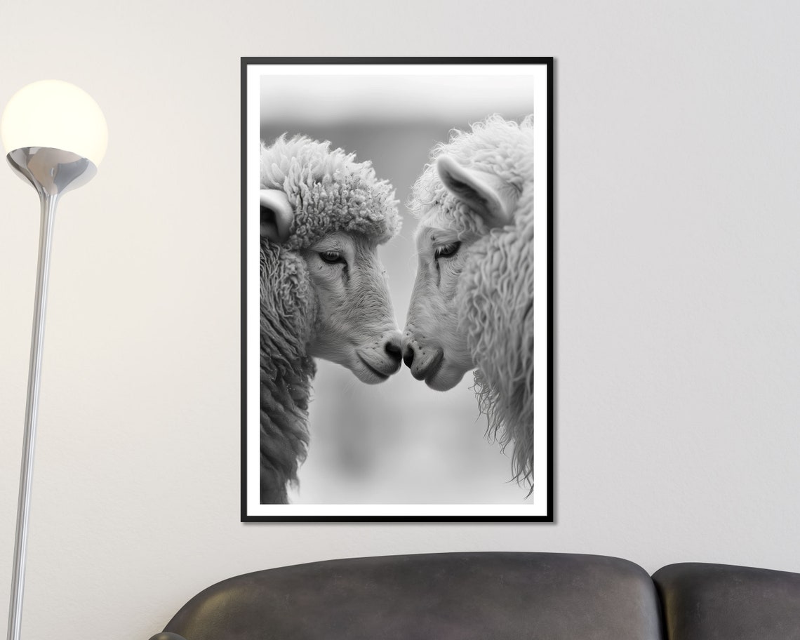 Tender Sheep Pair Nose To Nose Black And White Farm Animal Wall Poster