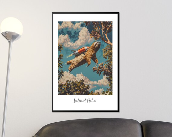 Sloth Flying With Jetpack Outsmart Nature Vintage Art Poster