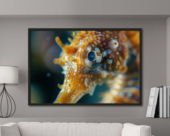Seahorse Close Up Golden Macro Eye Spiky Crown Underwater Photo Poster