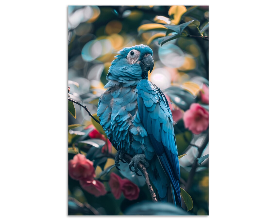 Vivid Blue Parrot Perched on Flower Branch Tropical Bird Photo Poster - Image 3