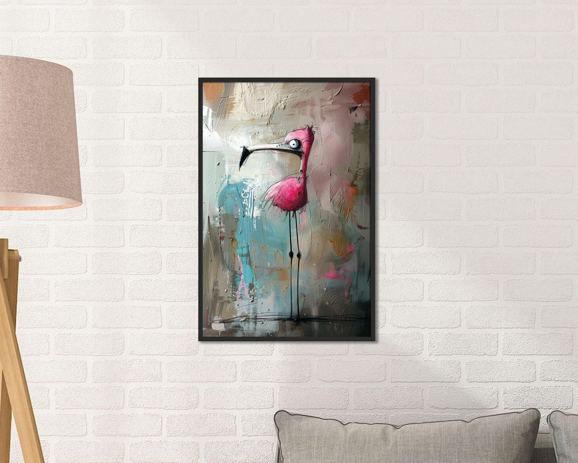 Crazy Pink Flamingo Quirky Abstract Painted Canvas Style Wall Art - Image 4