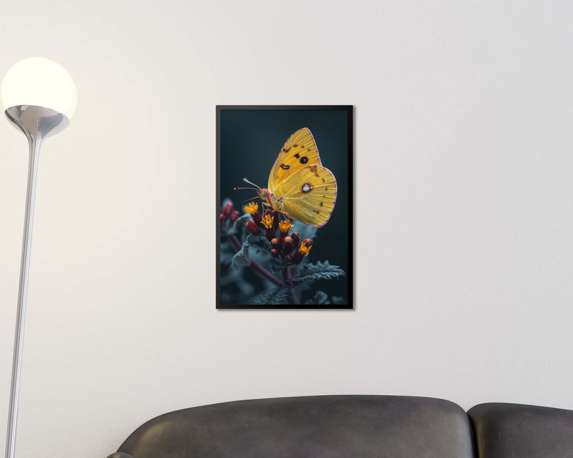 Golden Yellow Butterfly On Flowers Dark Background Macro Nature Poster - Image 2