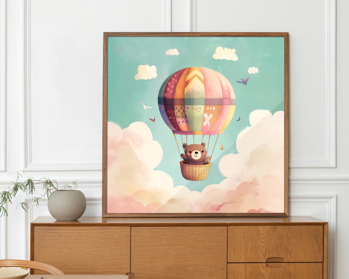 Cute Bear Cub In Hot Air Balloon Pastel Clouds Nursery Art Poster - Image 3