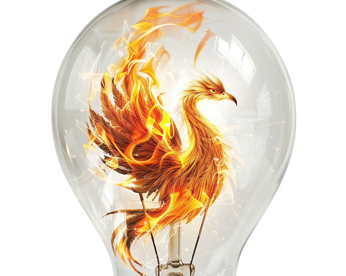 Fiery Phoenix Inside Glass Light Bulb Surreal Flame Bird Wall Art Poster - Image 2