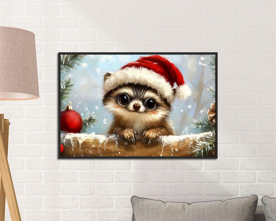 Peeking Raccoon Santa Hat Snowy Pine Branch Christmas Wall Art - Image 2