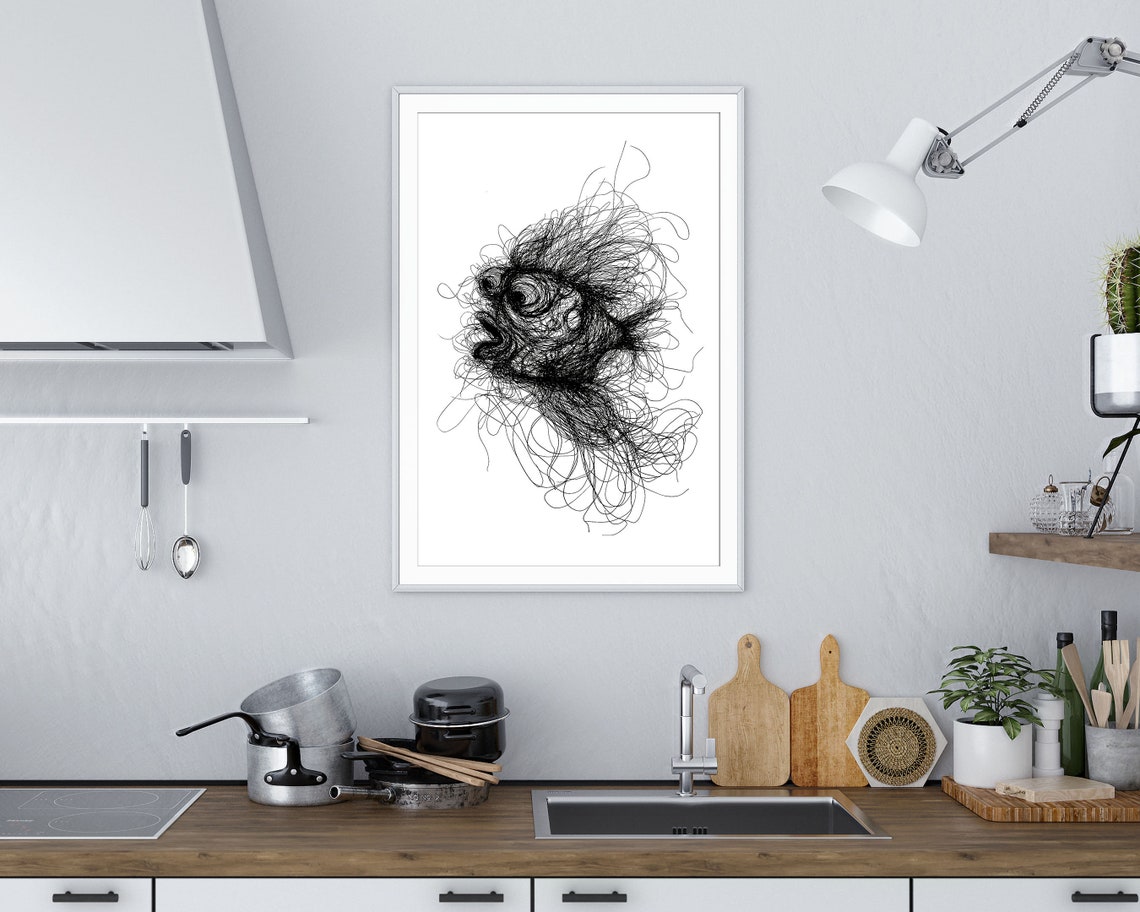 Goldfish Scribble Art Black And White Line Drawing Fish Wall Print - Image 2