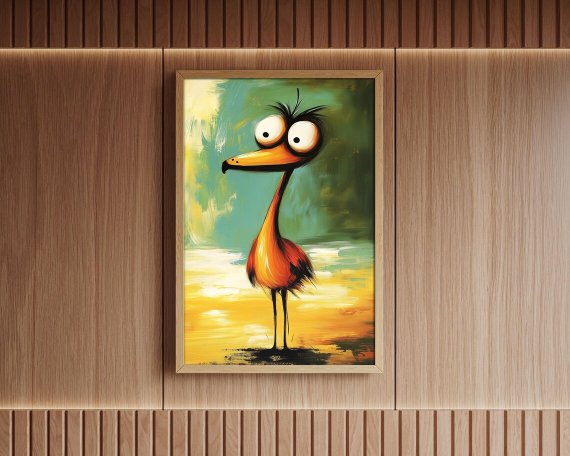 Quirky Funny Flamingo Bird Long Beak Whimsical Teal Painting Poster - Image 5