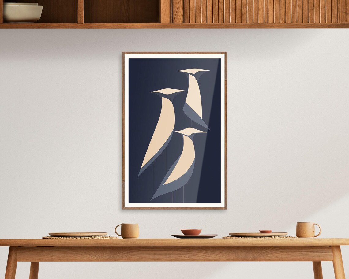 Minimalist Geometric Birds On Navy Scandinavian Abstract Art Poster - Image 3