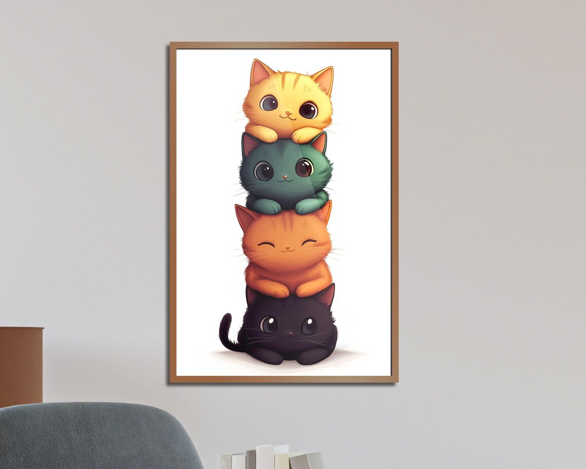 Adorable Stacked Cats Tower Four Cute Kittens Nursery Wall Art - Image 7