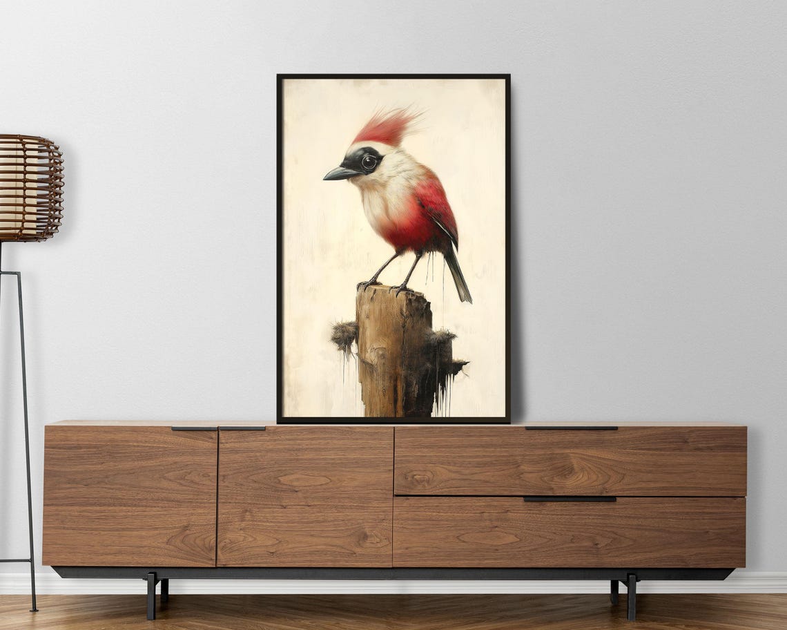 Red And White Crested Bird On Post Minimal Nature Art Poster