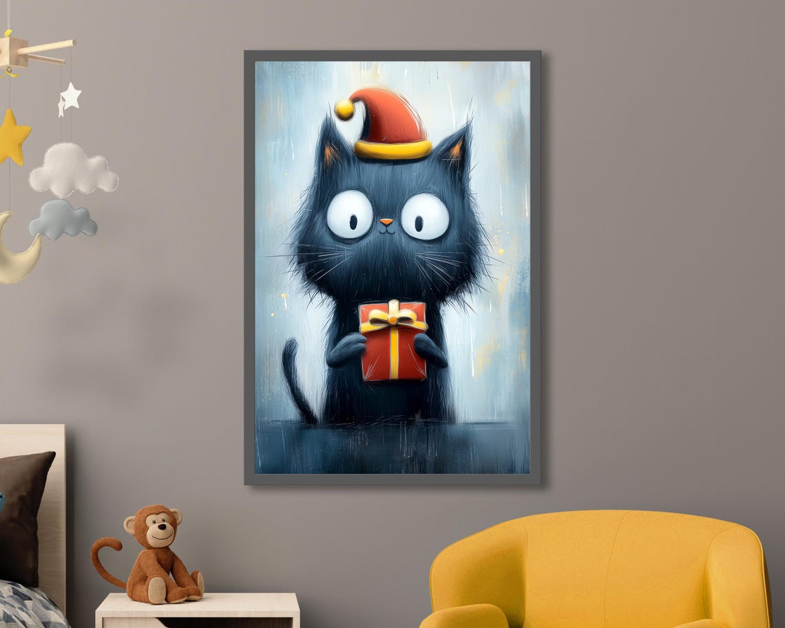 Black Cat With Santa Hat Holding Gift Box Funny Christmas Art Poster