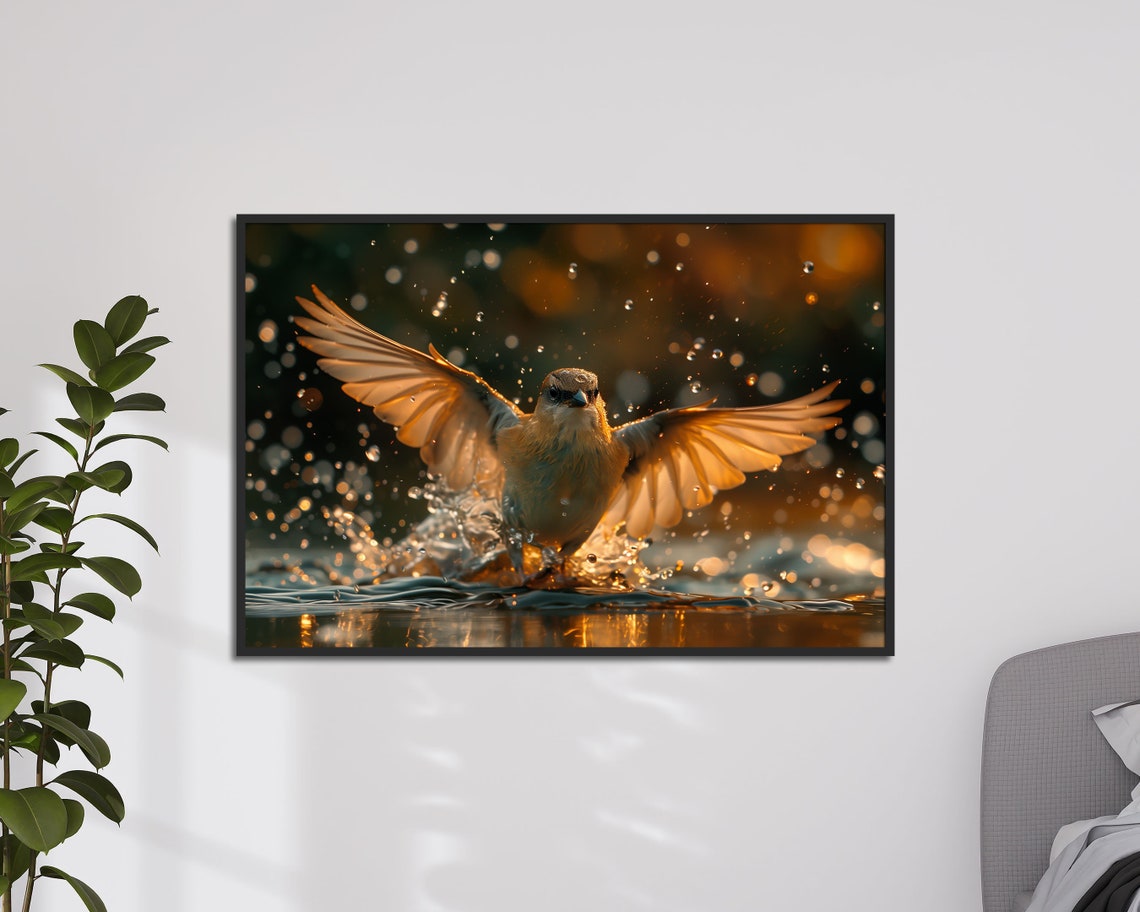 Songbird Bathing In Golden Water Splash Birdwatcher Nature Poster - Image 4