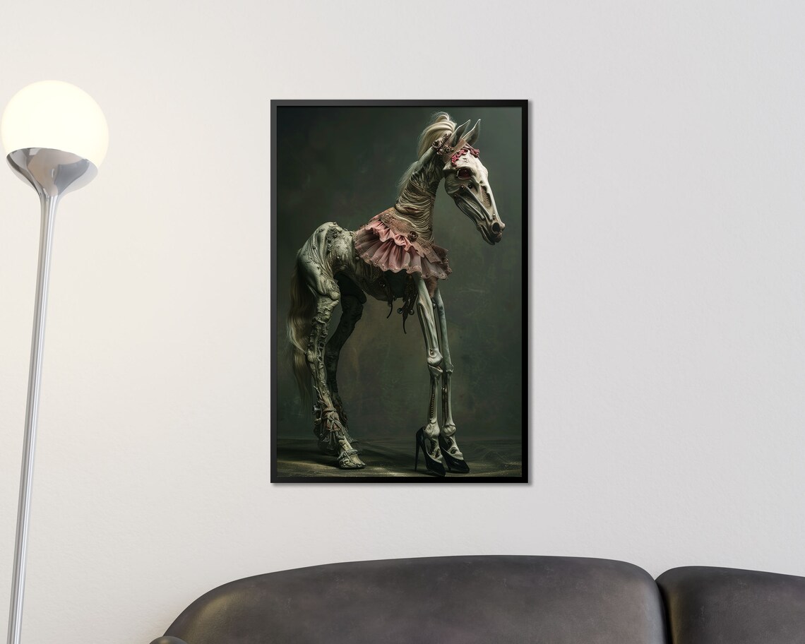 Grotesque Skeletal Horse In Pink Dress Dark Fantasy Macabre Art Print