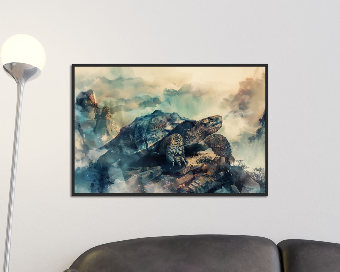 Ancient Tortoise Watercolor Blue Mountain Mist Zen Nature Art Poster - Image 4