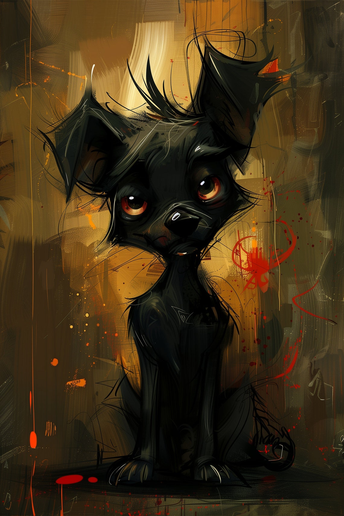 Expressive Black Puppy Big Eyes Quirky Painterly Pet Art Poster - Image 5