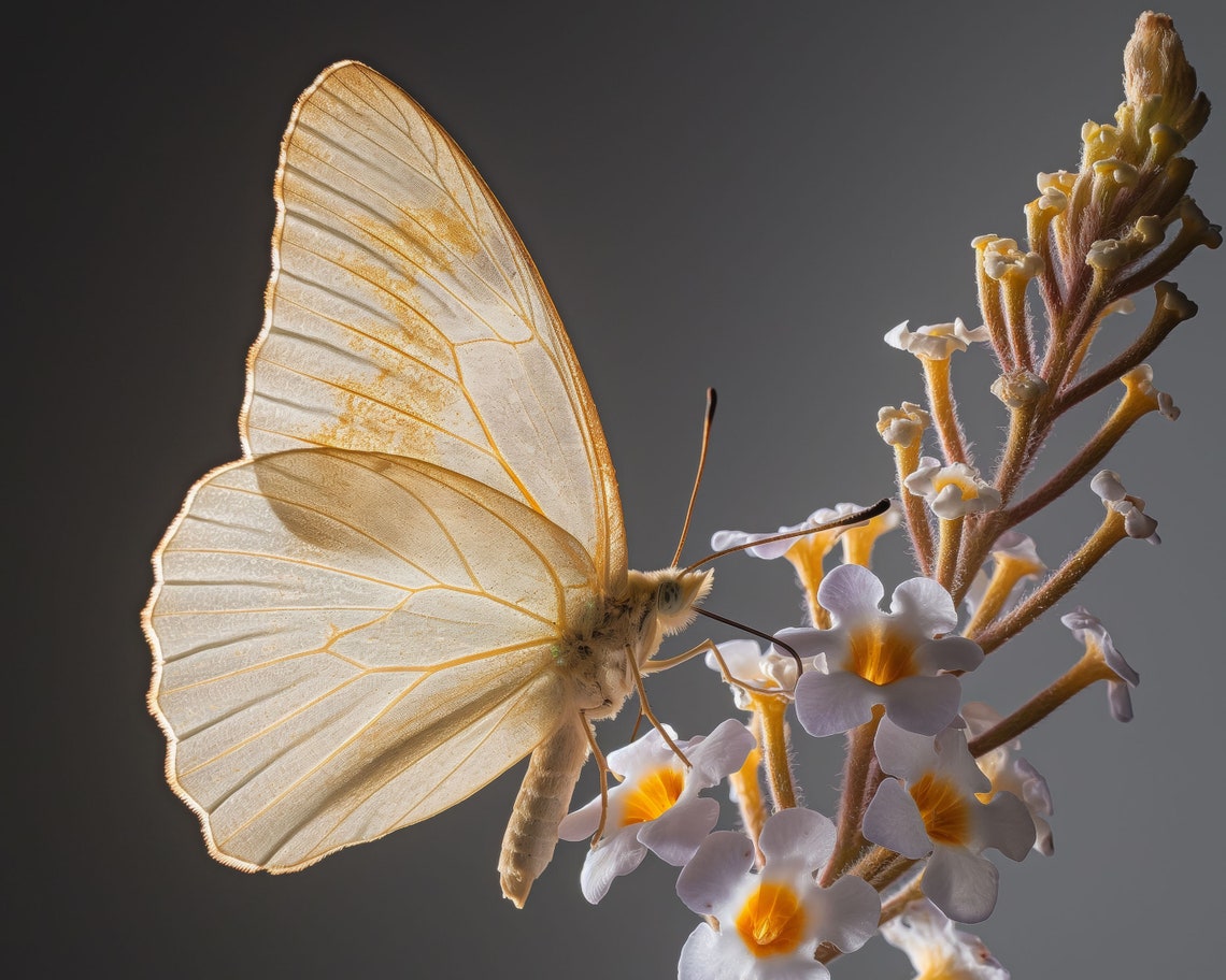 Delicate White Butterfly On Blooming Flowers Minimalist Poster - Image 3