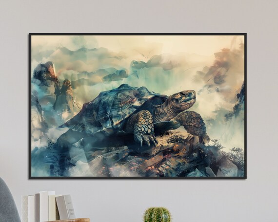Ancient Tortoise Watercolor Blue Mountain Mist Zen Nature Art Poster