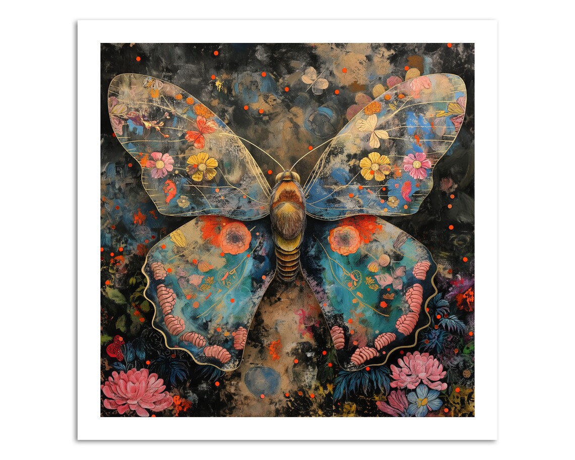 Floral Butterfly Dream Colorful Wings Bohemian Wall Art Print - Image 3