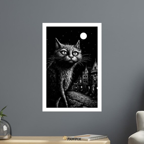 Chat Noir 8 Black Cat Full Moon Old Town Night Scene Gothic Art Poster