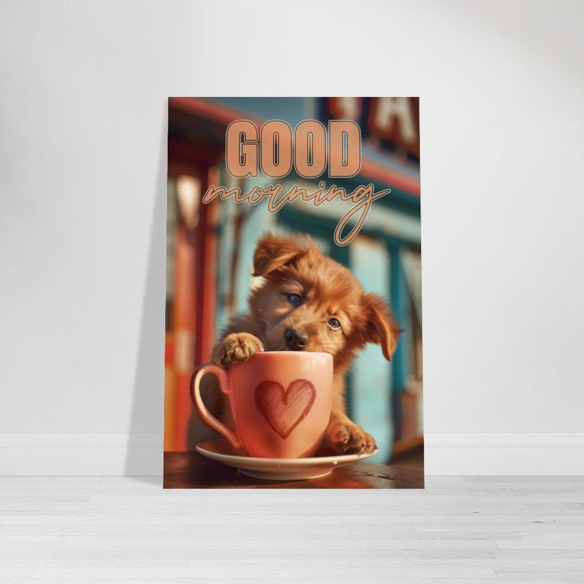 Good Morning Puppy Coffee Heart Cup Cute Kitchen Dog Wall Art - Image 4