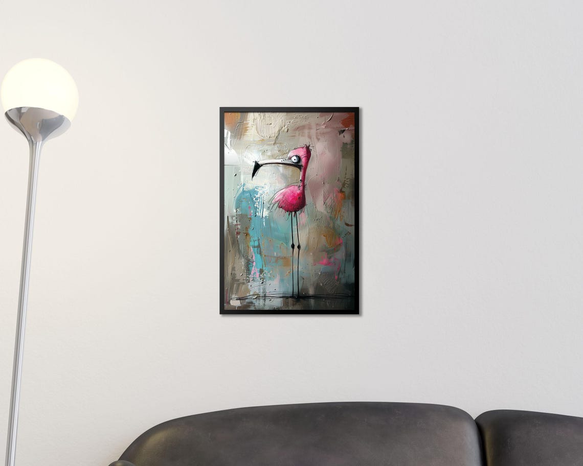 Crazy Pink Flamingo Quirky Abstract Painted Canvas Style Wall Art - Image 2