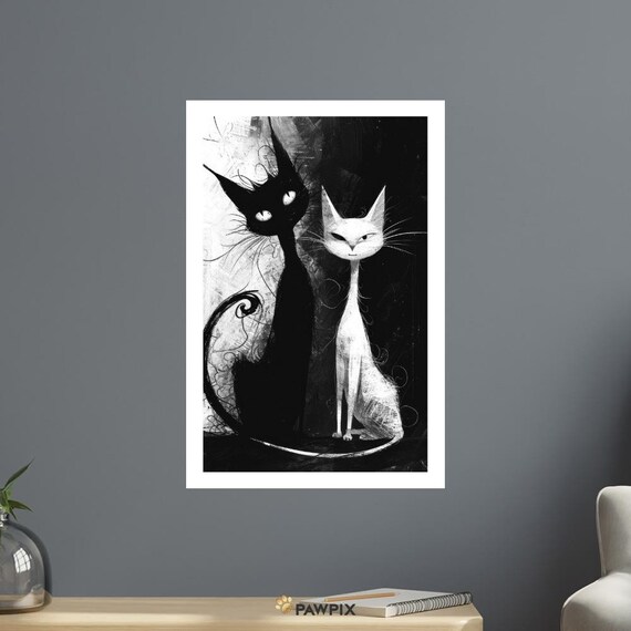 Chat Noir 4 Yin Yang Black White Cat Duo Striking Monochrome Art Poster