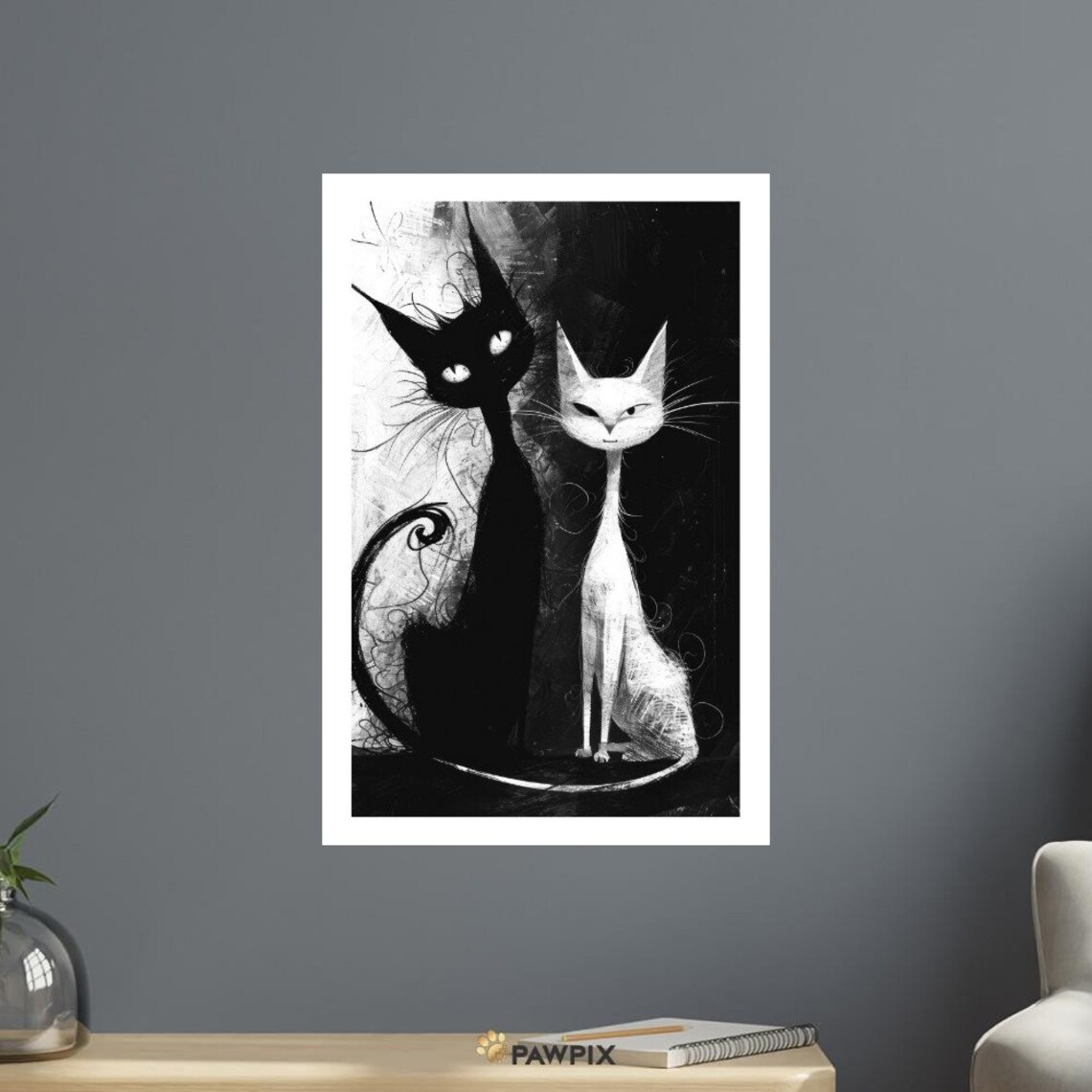 Chat Noir 4 Yin Yang Black White Cat Duo Striking Monochrome Art Poster