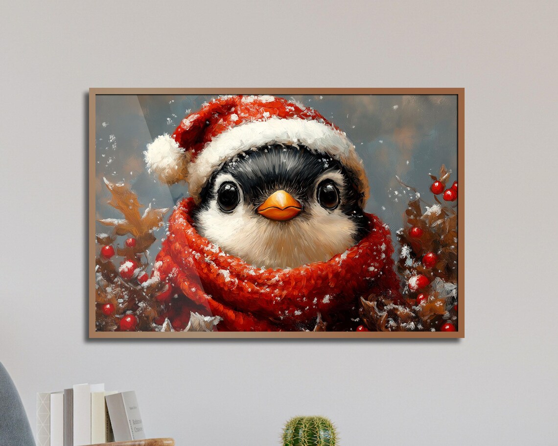 Penguin Chick In Santa Hat And Scarf Snowy Christmas Art Poster - Image 5