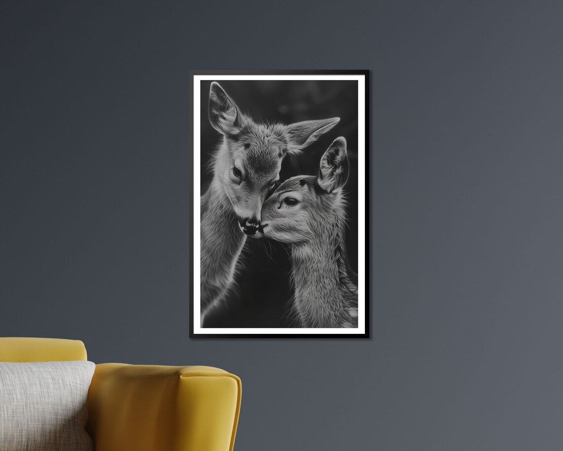 Tender Deer Pair Nuzzling Black And White Heartwarming Wildlife Art Poster - Image 3