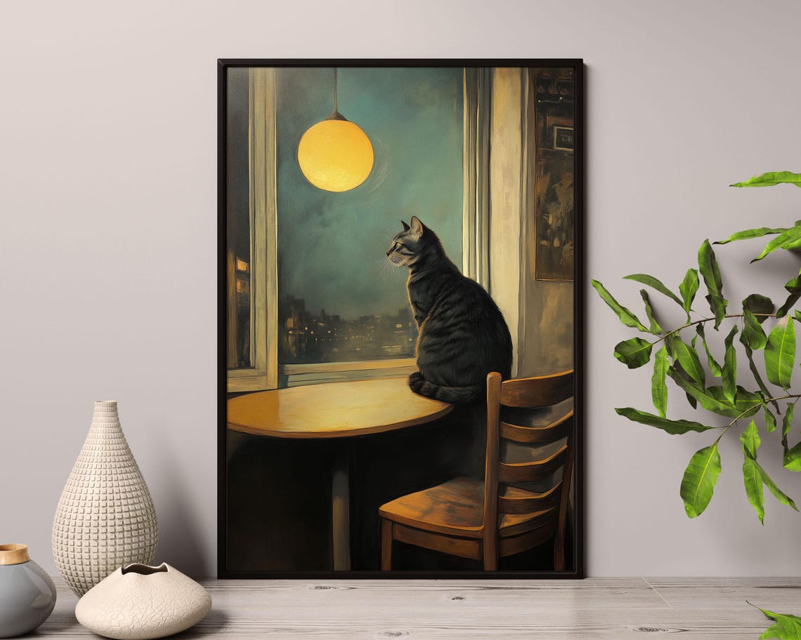 Black Cat Sitting At Window Table Night Lamp Warm Moody Art Poster - Image 3