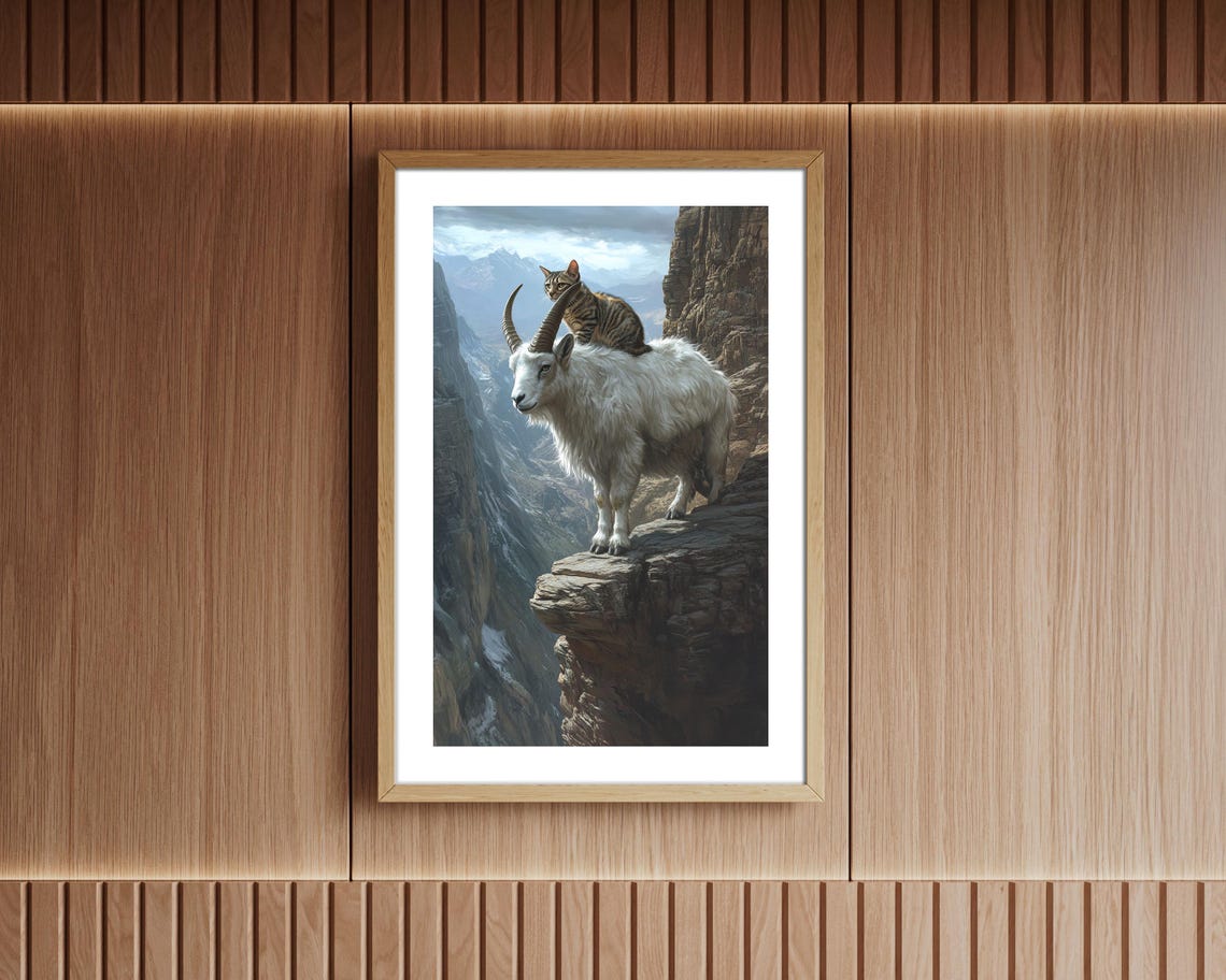 Mountain Goat Cliff Edge with Cat Riding Back Surreal Animal Poster - Image 6