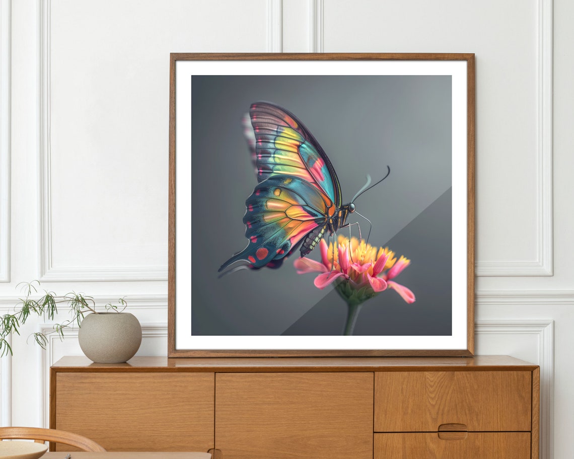 Rainbow Butterfly On Pink Flower Macro Nature Photography Poster
