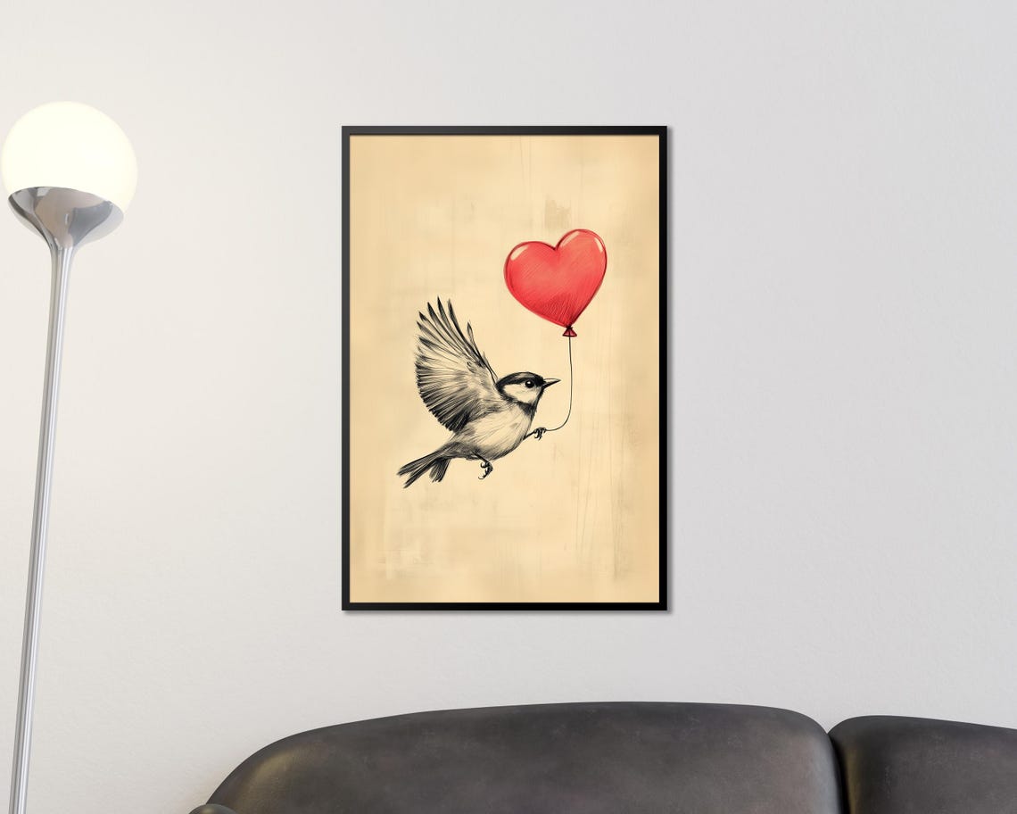 Flying Sketch Bird Carrying Red Heart Balloon Romantic Wall Art - Image 3