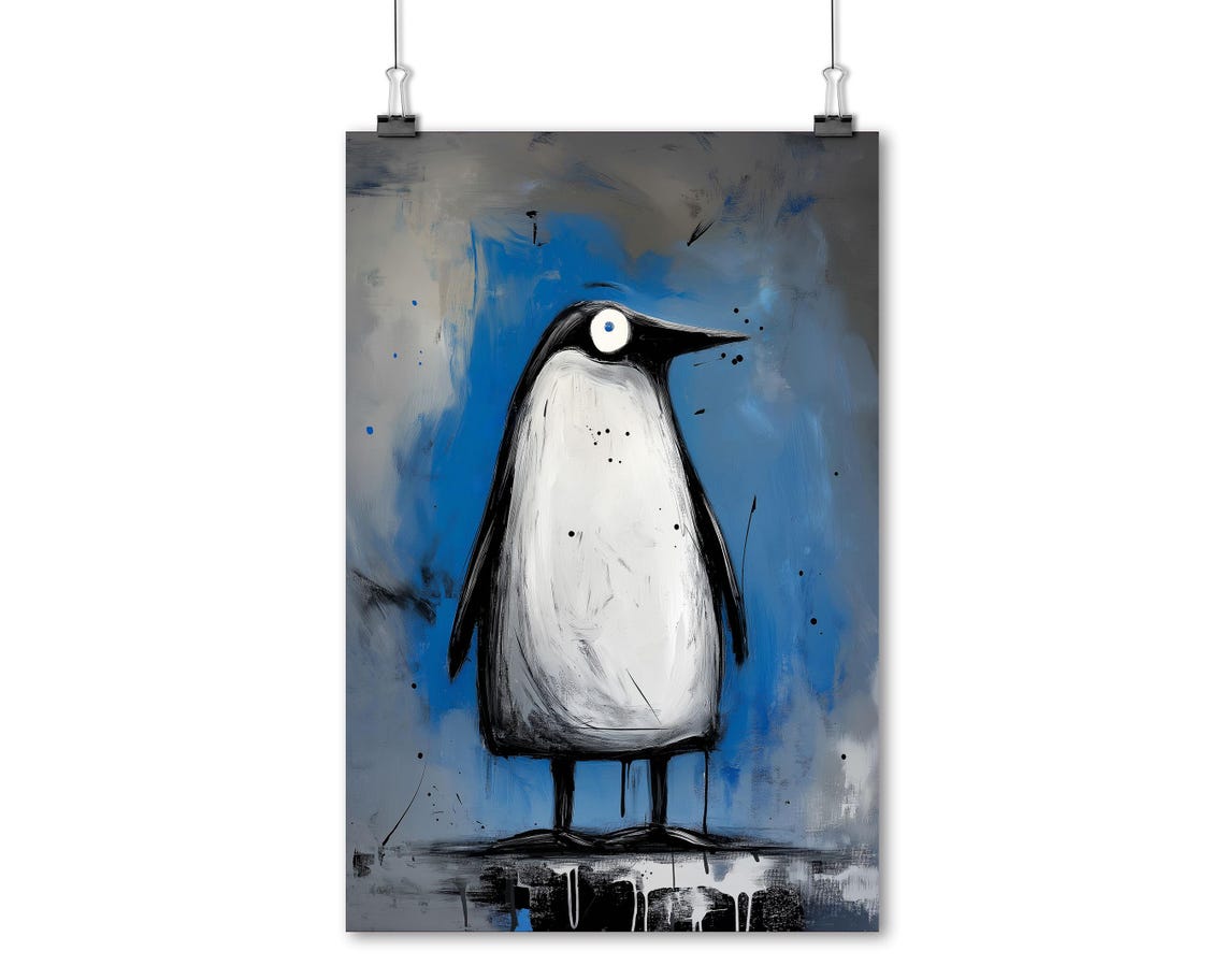 Funny Tall Penguin Painterly Blue Gray Abstract Bird Art Poster