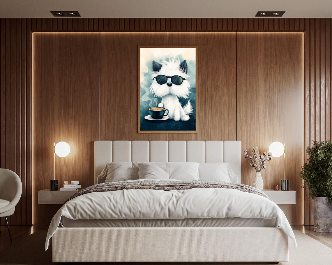 Fluffy White Dog With Sunglasses Next To Coffee Cup Cute Poster - Image 2