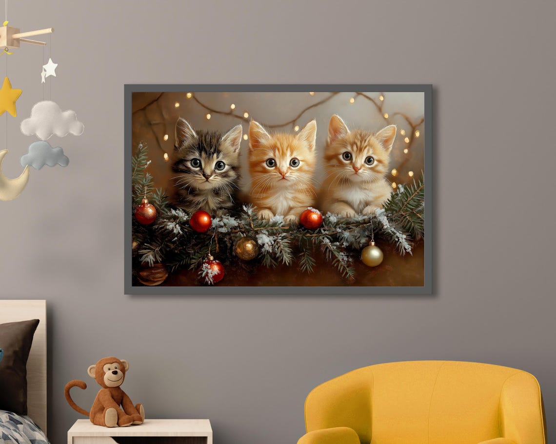 Three Kittens With Christmas Ornaments Holiday Lights Art Poster - Image 3